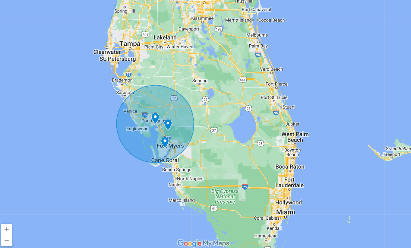 A map of florida with the location of three locations.